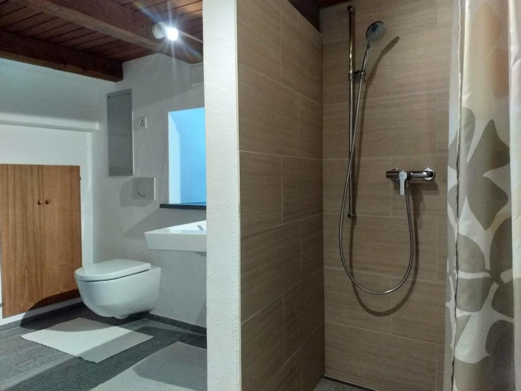 bathroom with shower, basin, toilet and washing machine